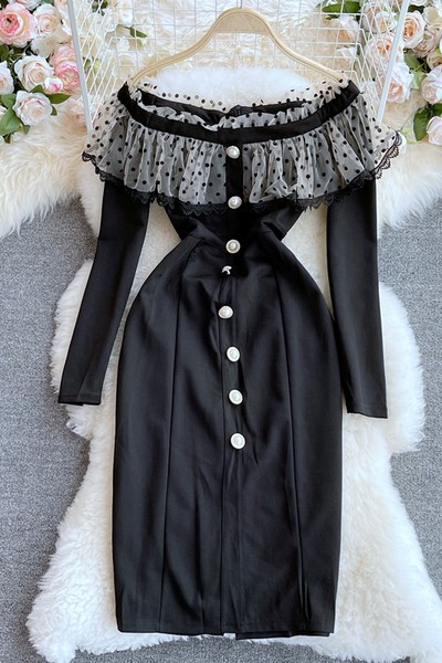 Γυναικείο φόρεμα με μακριά μανίκια και κουμπιά σε μαύρο χρώμα