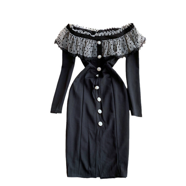 Γυναικείο φόρεμα με μακριά μανίκια και κουμπιά σε μαύρο χρώμα