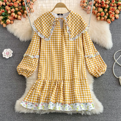 Γυναικείο καρό φόρεμα με μακριά μανίκια και κορδόνια