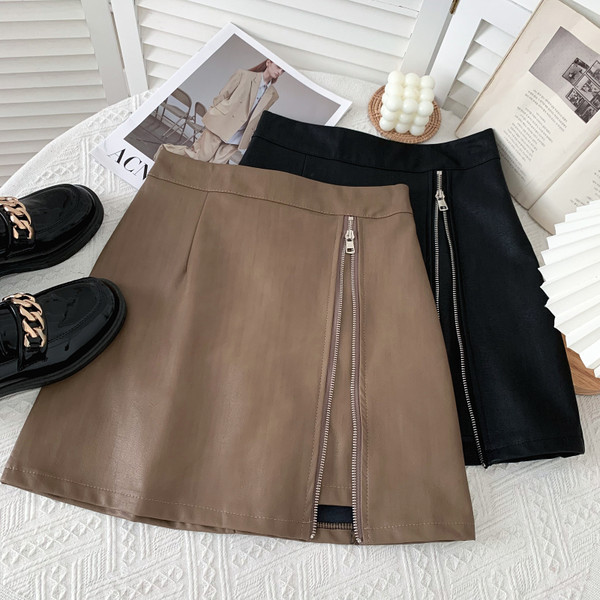 Naujo modelio rudens-žiemos moteriškas odinis sijonas su užtrauktuku