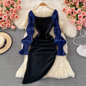 Γυναικείο ασύμμετρο φόρεμα με τετράγωνο λαιμόκοψη και μακριά μανίκια