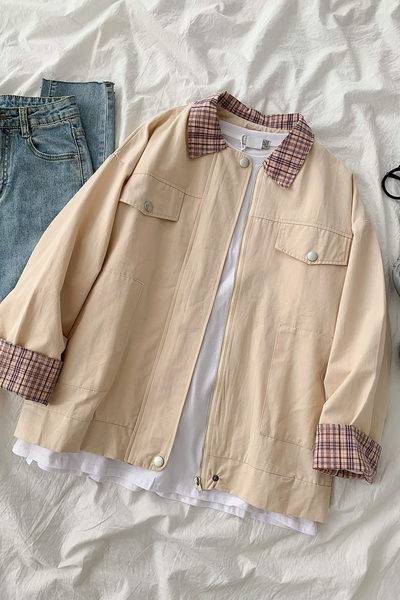 Naiste vabaaja jope ruudulise kraega