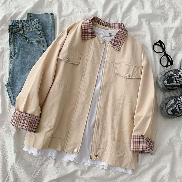 Naiste vabaaja jope ruudulise kraega