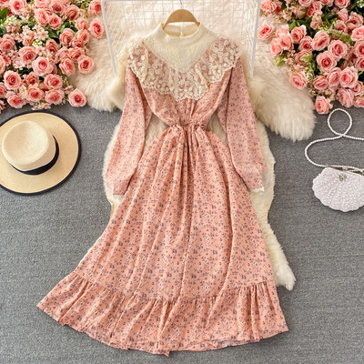 Дамска дълга рокля с дантела и флорален десен