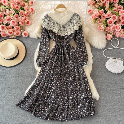 Дамска дълга рокля с дантела и флорален десен