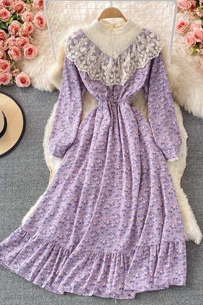 Дамска дълга рокля с дантела и флорален десен