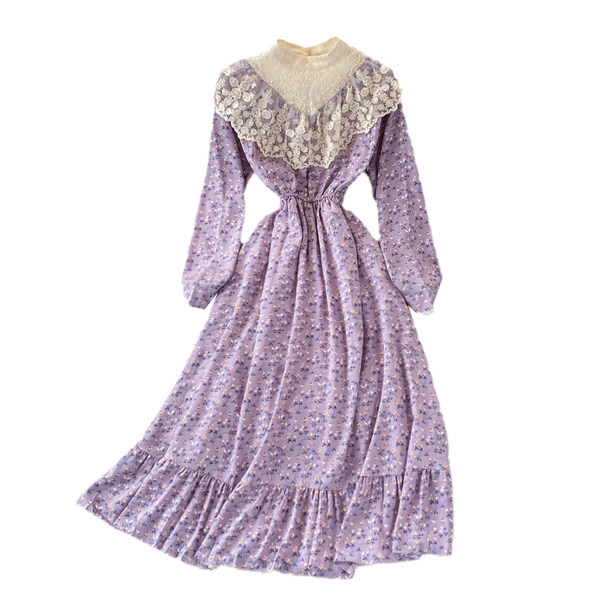 Дамска дълга рокля с дантела и флорален десен