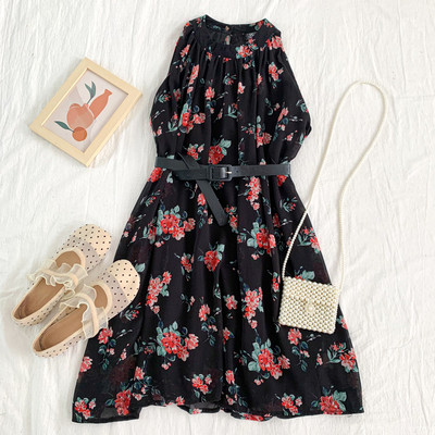 Νέο μοντέλο γυναικείο κομμένο φόρεμα με λουλουδάτο μοτίβο και στρογγυλή λαιμόκοψη