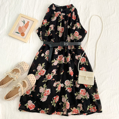 Νέο μοντέλο γυναικείο κομμένο φόρεμα με λουλουδάτο μοτίβο και στρογγυλή λαιμόκοψη