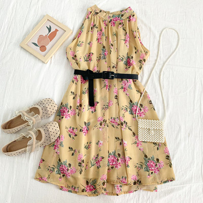 Νέο μοντέλο γυναικείο κομμένο φόρεμα με λουλουδάτο μοτίβο και στρογγυλή λαιμόκοψη