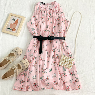 Νέο μοντέλο γυναικείο κομμένο φόρεμα με λουλουδάτο μοτίβο και στρογγυλή λαιμόκοψη