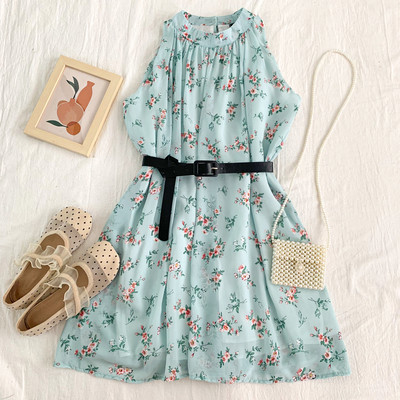 Νέο μοντέλο γυναικείο κομμένο φόρεμα με λουλουδάτο μοτίβο και στρογγυλή λαιμόκοψη