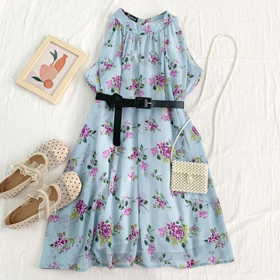 Νέο μοντέλο γυναικείο κομμένο φόρεμα με λουλουδάτο μοτίβο και στρογγυλή λαιμόκοψη