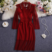 Kaasaegne naiste kleit spitsikaelusega ja pikkade varrukatega