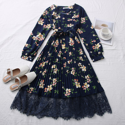 Νέο μοντέλο πολύχρωμου γυναικείου φορέματος με στρογγυλή λαιμόκοψη και δαντέλα