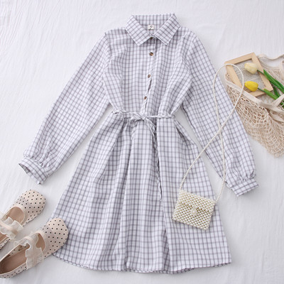 Νέο μοντέλο καρό γυναικείο φόρεμα με γιακά και ζώνη