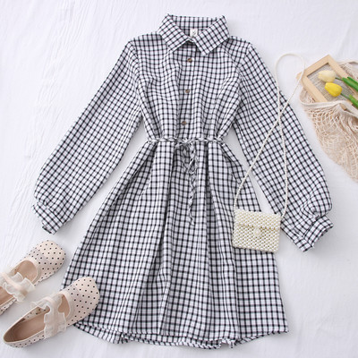 Νέο μοντέλο καρό γυναικείο φόρεμα με γιακά και ζώνη