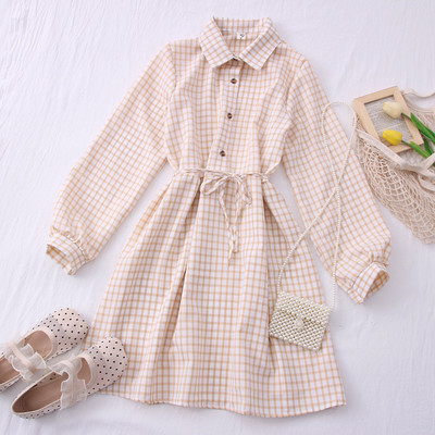 Νέο μοντέλο καρό γυναικείο φόρεμα με γιακά και ζώνη