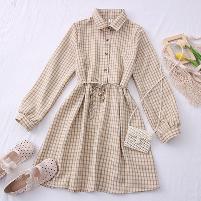 Νέο μοντέλο καρό γυναικείο φόρεμα με γιακά και ζώνη