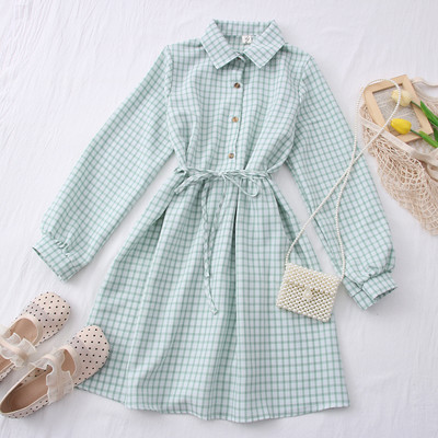 Νέο μοντέλο καρό γυναικείο φόρεμα με γιακά και ζώνη