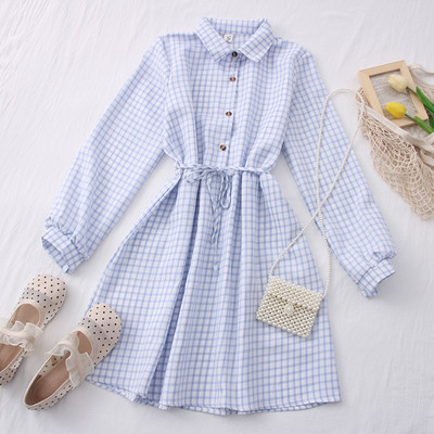 Νέο μοντέλο καρό γυναικείο φόρεμα με γιακά και ζώνη