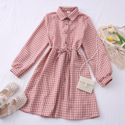 Νέο μοντέλο καρό γυναικείο φόρεμα με γιακά και ζώνη