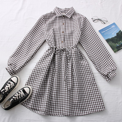 Νέο μοντέλο καρό γυναικείο φόρεμα με γιακά και ζώνη