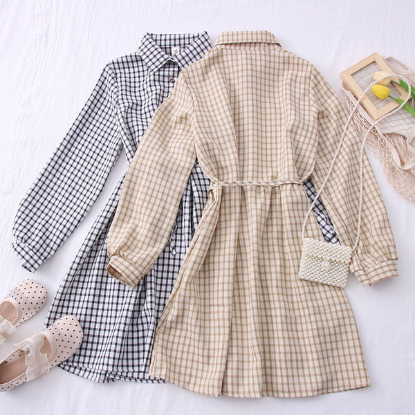 Νέο μοντέλο καρό γυναικείο φόρεμα με γιακά και ζώνη