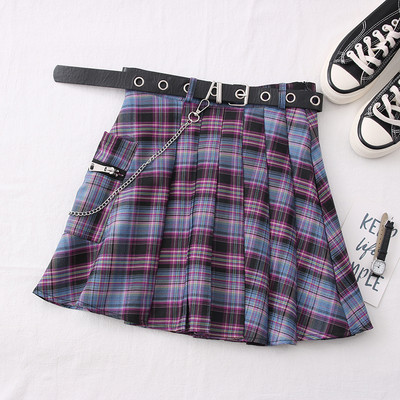 Fusta dama in carouri casual cu curea si buzunar