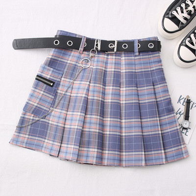 Fusta dama in carouri casual cu curea si buzunar