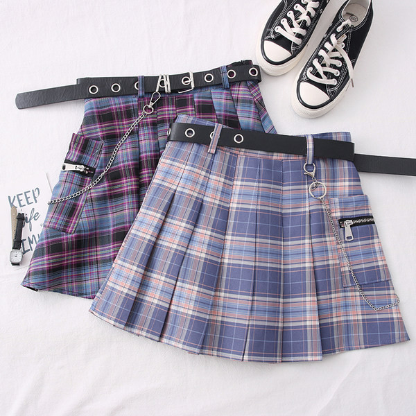 Fusta dama in carouri casual cu curea si buzunar