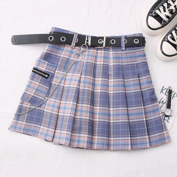 Fusta dama in carouri casual cu curea si buzunar