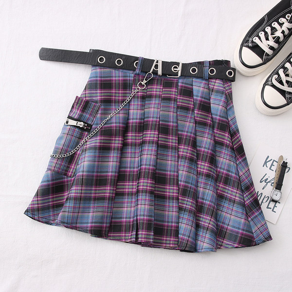 Fusta dama in carouri casual cu curea si buzunar