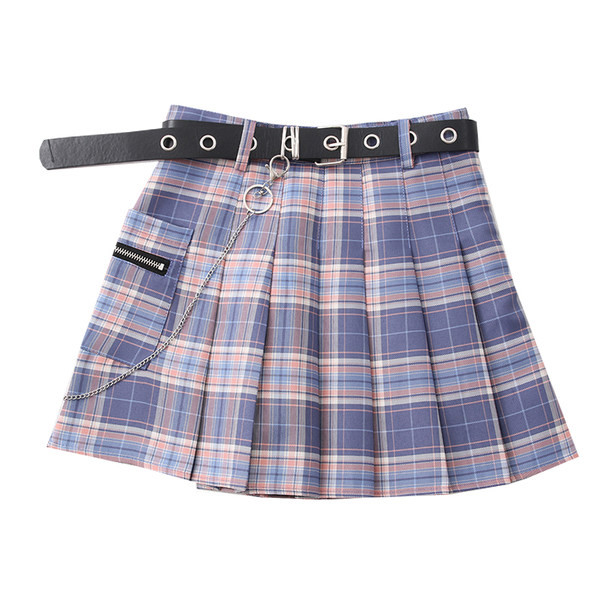 Fusta dama in carouri casual cu curea si buzunar