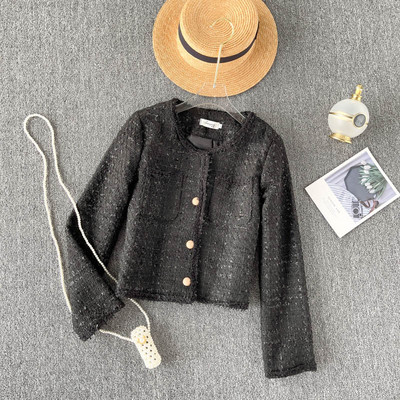 Γυναικείο μαύρο tweed παλτό με χρυσά κουμπιά