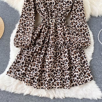 Casual γυναικείο φόρεμα με leopard print και ζώνη