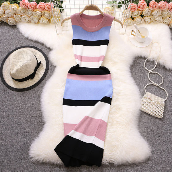 Γυναικείο πολύχρωμο φόρεμα με στρογγυλή λαιμόκοψη