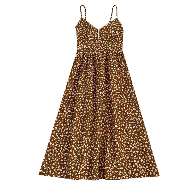 Ежедневна дамска разкроена рокля с тънки презрамки и шпиц деколте