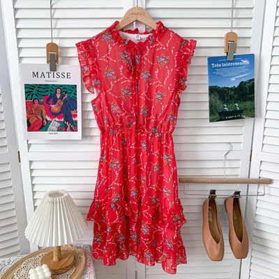 Casual φόρεμα με στρογγυλή λαιμόκοψη και λουλουδάτο μοτίβο