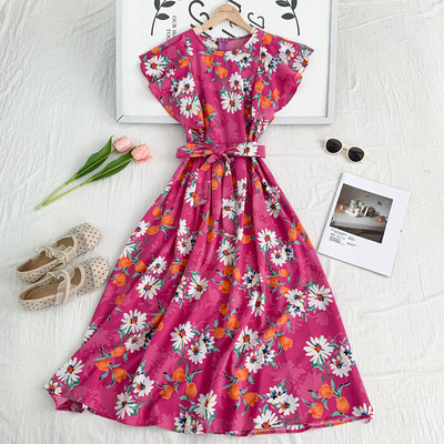 Rochie moderna de dama cu model floral si decolteu rotund