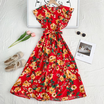 Rochie moderna de dama cu model floral si decolteu rotund