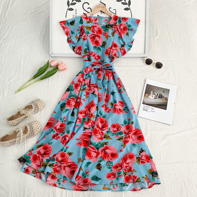 Rochie moderna de dama cu model floral si decolteu rotund