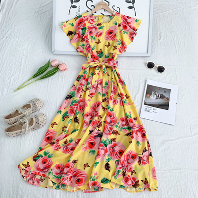 Rochie moderna de dama cu model floral si decolteu rotund