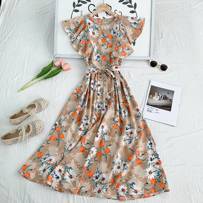 Rochie moderna de dama cu model floral si decolteu rotund