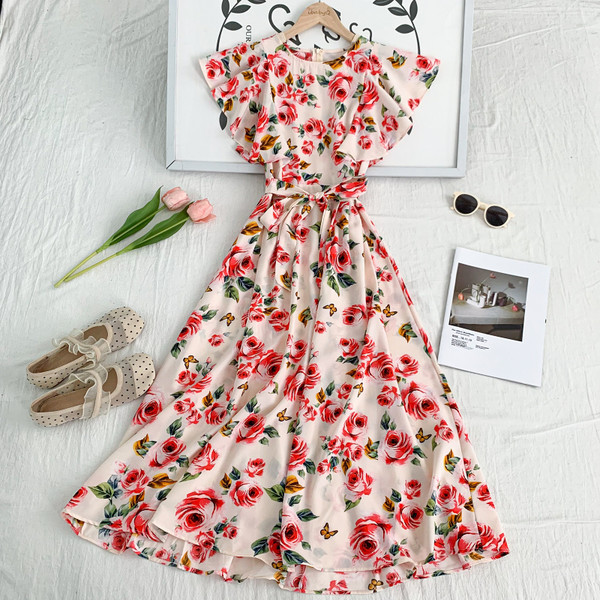 Rochie moderna de dama cu model floral si decolteu rotund