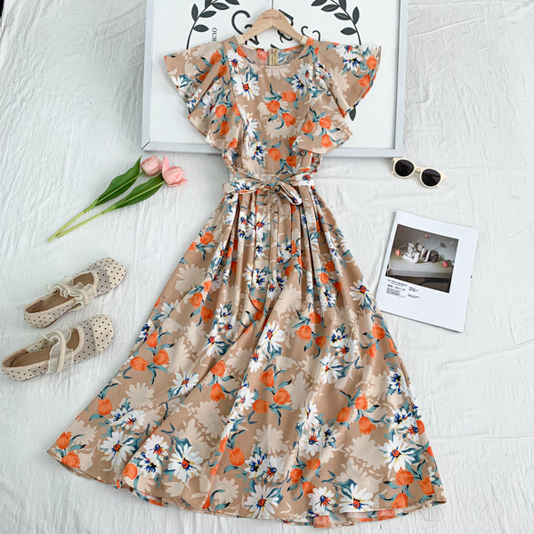 Rochie moderna de dama cu model floral si decolteu rotund