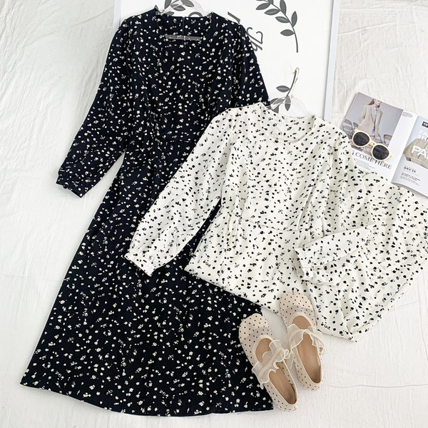 Нов модел дамска рокля с обло деколте и дълъг ръкав - бял и черен цвят