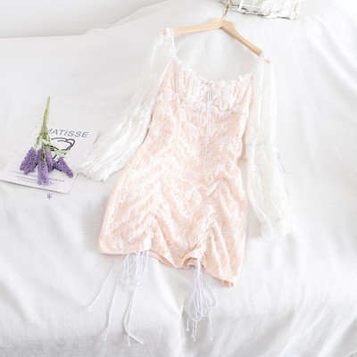 Γυναικείο κοντό φόρεμα με κορδόνια και μακριά μανίκια