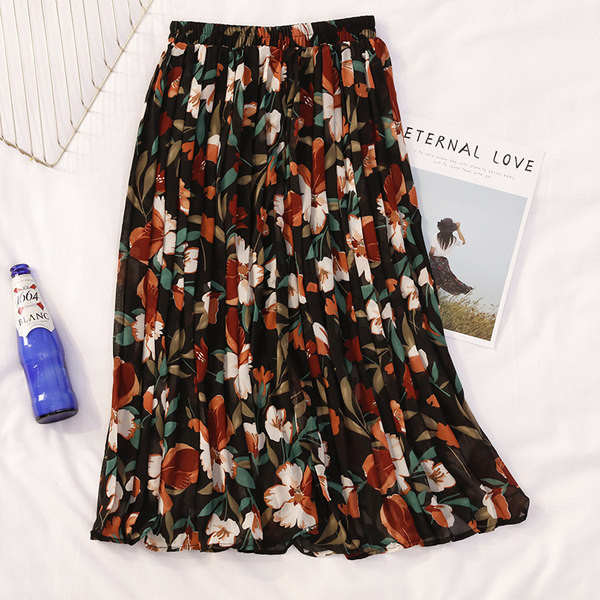 Hosszú női szoknya virágmintával, magas derékkal