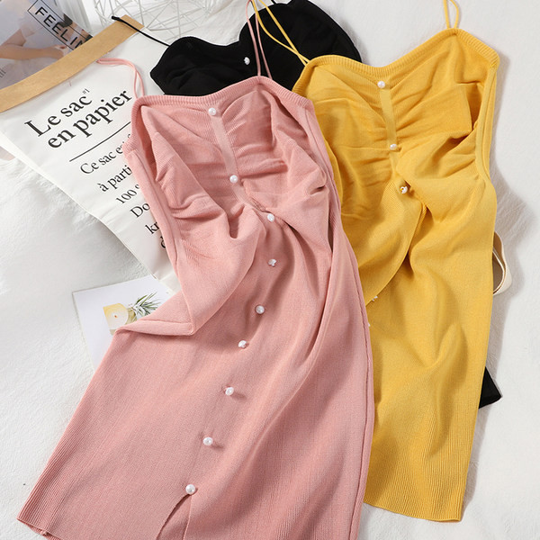 Μοντέρνο γυναικείο φόρεμα με λεπτά τιραντάκια και πέρλες